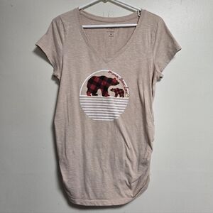 A.glow Maternity Beige Mama Bear Short Sleeve V-neck Top Size Medium